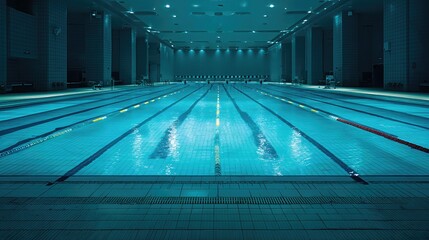 An empty public swimming pool at opening time shows lap lanes and starting blocks, cool cyan tones filling a wide banner with headline space.