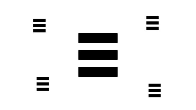 Zoom in and out animation the identity symbol. Large black symbol in the center and four small symbols around. Seamless looped 4k animation on white background
