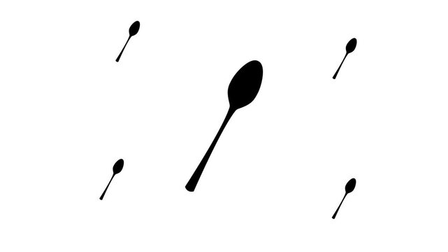 Zoom in and out animation the spoon symbol. Large black symbol in the center and four small symbols around. Seamless looped 4k animation on white background