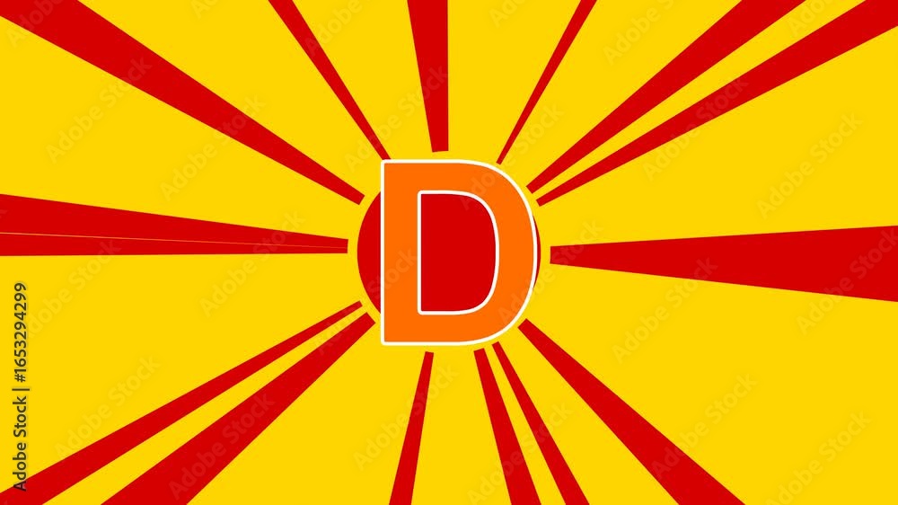 Poster capital letter d symbol on the background of animation from moving rays of the sun. large orange sym