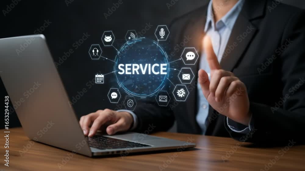 Poster man in suit using laptop with service interface icons hovering above, on a wooden desk surface