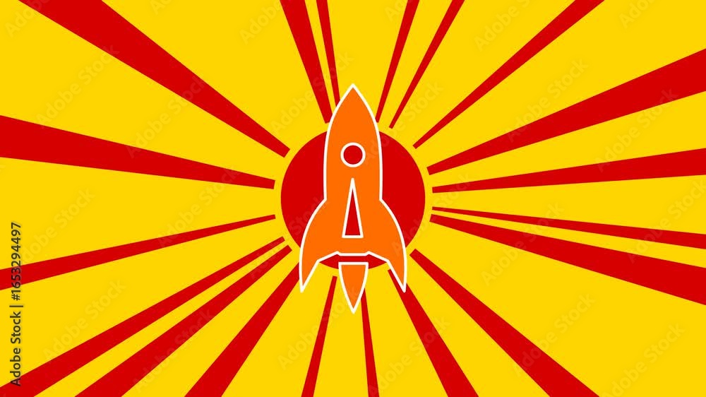 Poster rocket on the background of animation from moving rays of the sun. movement symbolizes the dawn of t