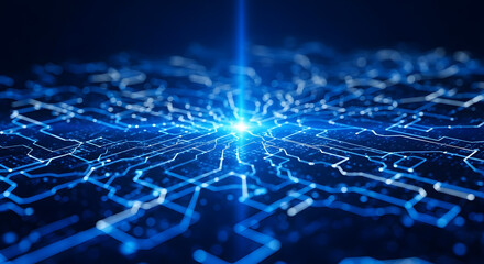 Abstract blue digital network with bright light burst