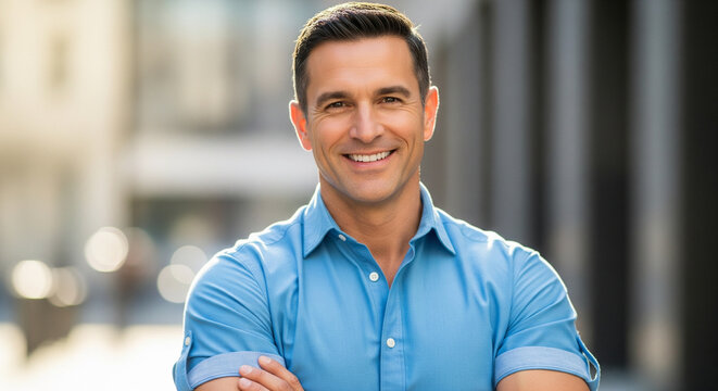 A confident and successful man with a warm smile, standing outdoors with his arms crossed. He is wearing a blue shirt with rolled-up sleeves, creating a smart-casual and approachable look