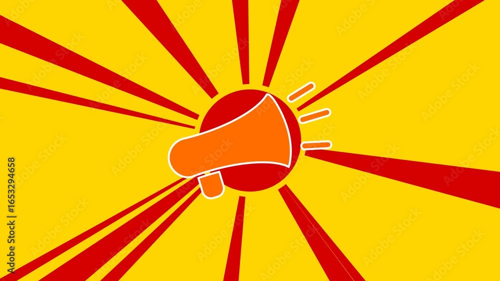 Aufkleber megaphone symbol on the background of animation from moving rays of the sun. large orange symbol inc