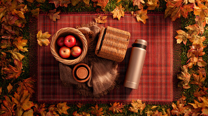 Cozy autumn flat lay with red apples book plaid blanket and colorful leaves