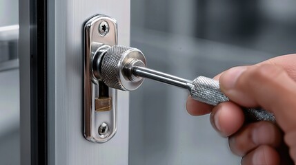 Fototapeta premium A hex key adjusts the speed screw of a door closer in a clean office setting.