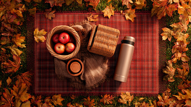 Cozy autumn flat lay with red apples book plaid blanket and colorful leaves