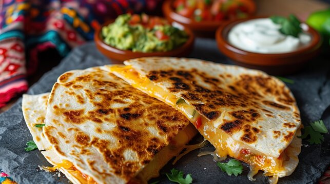 Golden grilled quesadilla with melted cheese 