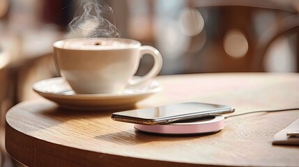 Wireless charging pad embedded in a café table powers a phone placed face down, latte steam blurs softly.
