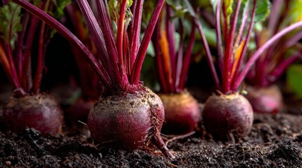 Red beets being uprooted from garden soil. Purple stems and leaves