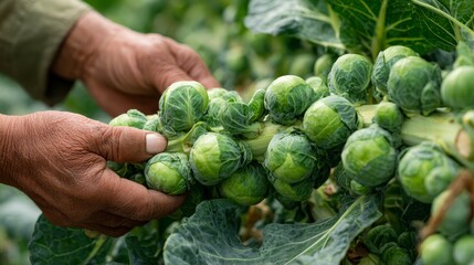 Brussels sprouts being picked from green stalk