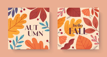 Autumn cards with leaves,berries,foliage and plants.Vector fall season modern illustrations.Trendy autumn templates for prints,ad,social media marketing,branding,packaging,covers.