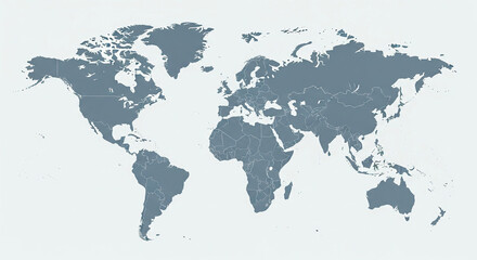 A modern and clean world map in a soft, muted blue-gray color palette. This minimalist political map features all countries with clearly defined borders, making it ideal for graphic design