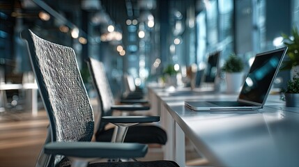 Office chairs and laptops on a modern workstation.