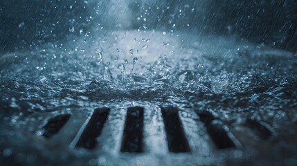 First-flush rain diverter releasing water into a drain as storm begins, droplets frozen mid-air.