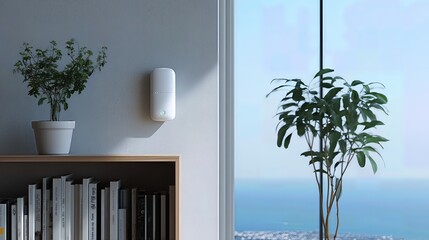 Mesh Wi-Fi node placed on a bookshelf beside a green plant
