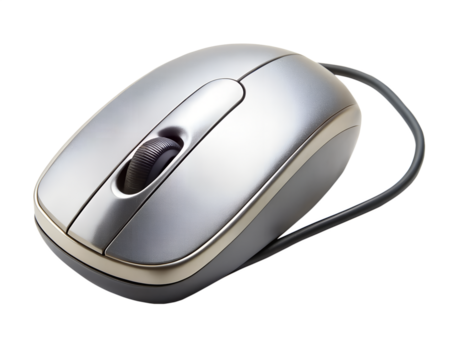 Silver computer mouse with a scroll wheel and cable, isolated on transparent background
