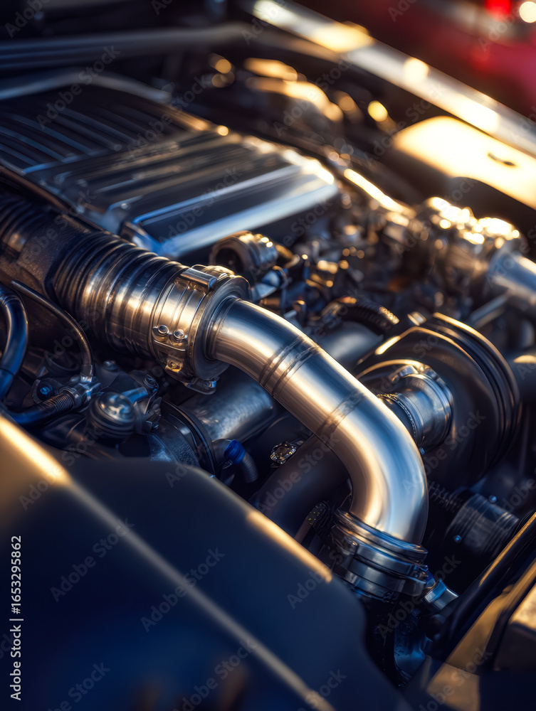 Poster close-up view of a high-performance car engine with metallic components and piping