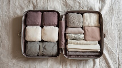Open suitcase with packing cubes arranged neatly, top-down flat lay on neutral bedding.