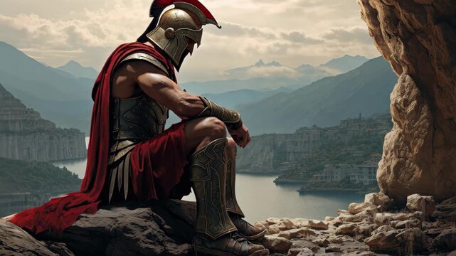 A Spartan warrior meditates in a rocky cave overlooking a tranquil lake during a serene twilight, contemplating his thoughts amid majestic mountains in the background