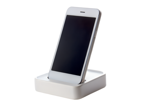 White smartphone in a charging dock, isolated on transparent background