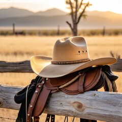 A cowboy hat is sitting on a wooden fence post
