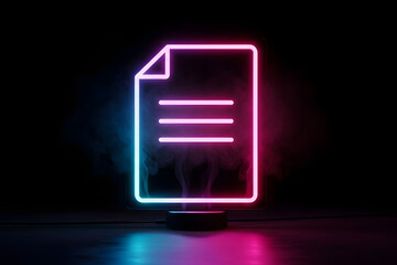 Neon document icon glowing with vibrant pink and blue light on black background