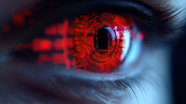 Digital eye scan, data network and cyber security technology. Futuristic tech of virtual cyberspace and internet secure surveillance