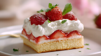 Delicious slice of strawberry shortcake with whipped cream and mint garnish on a white dessert plate