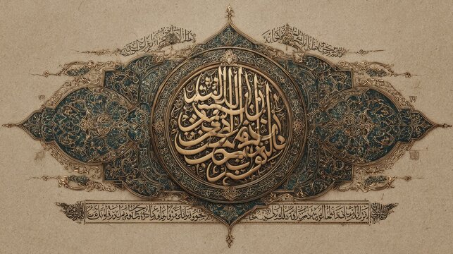 Islamic calligraphy art piece featuring golden script and ornate decorations