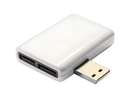 White usb card reader adapter for data transfer, isolated on transparent background