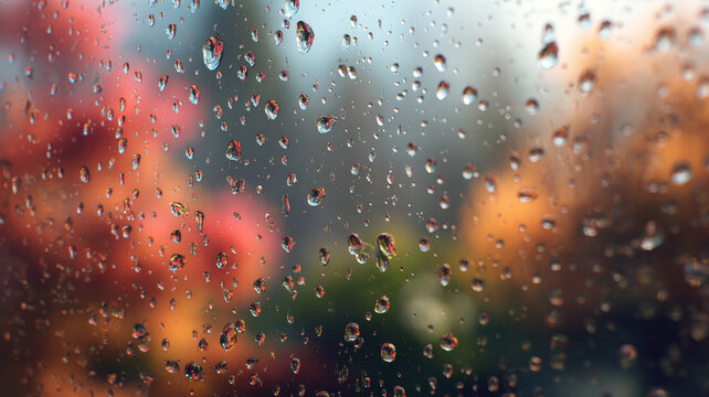Water droplets on rainy glass with blurred colorful background creating abstract dreamy peaceful atmosphere of nature