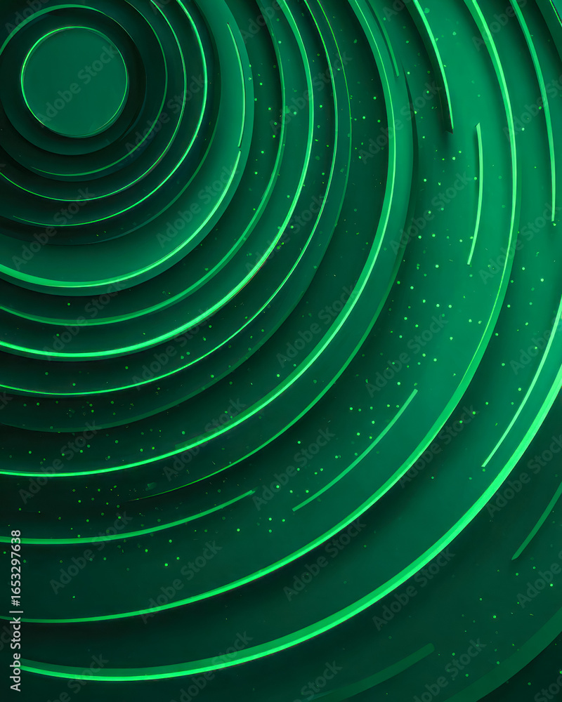 Poster futuristic green glowing circular tunnel with dynamic concentric lines and scattered light particles