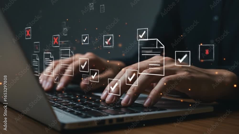 Poster person typing on a laptop with digital checkmarks and x marks floating above the keyboard area shown