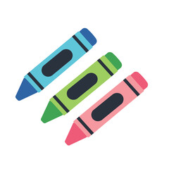 Colorful crayons in blue green and pink on white background