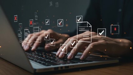 Person typing on a laptop with digital checkmarks and x marks floating above the keyboard area shown - Powered by Adobe