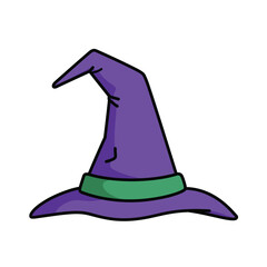 Fototapeta premium A purple cartoon witch hat with a green band around the base