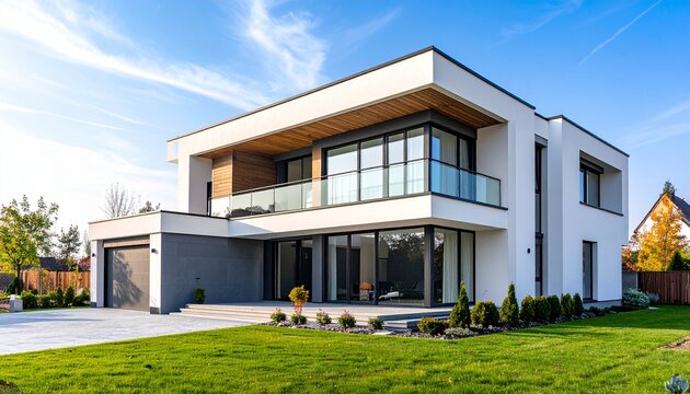 Architectural masterpiece a bright, modern house with clean lines and a vibrant green garden, providing ideal copy space for elegant design mockups.