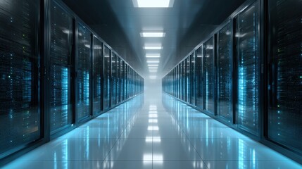 Fototapeta premium Glowing Server Room Corridor in Data Center – Sleek Technology Architecture in High Resolution