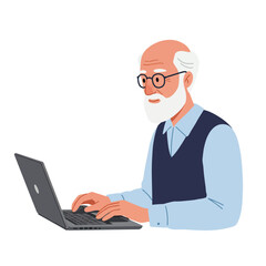 An older man with white hair and beard using a laptop computer