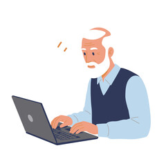 Elderly man sitting at laptop with frustrated expression on face