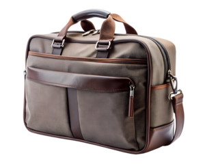 Brown leather and canvas business briefcase with handle and shoulder strap, isolated on transparent background