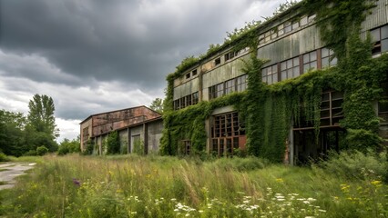 Overgrown abandoned industrial building with lush green vegetation and a dramatic cloudy sky overhead