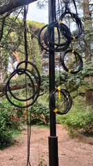 Black cables hanging from a pole in a park. The scene features trees and greenery in the...