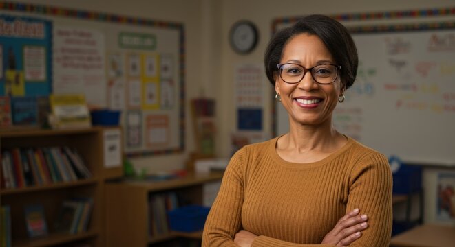 smiling teacher portrait in classroom background
