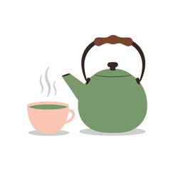 A green teapot and a pink cup of tea on a plain background