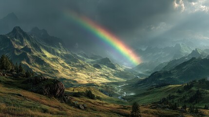 Rainbow arching over rugged mountain range at sunrise, dramatic storm clouds forming and dissipating in the distance
