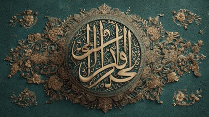 Islamic calligraphy art piece featuring golden script and ornate decorations
