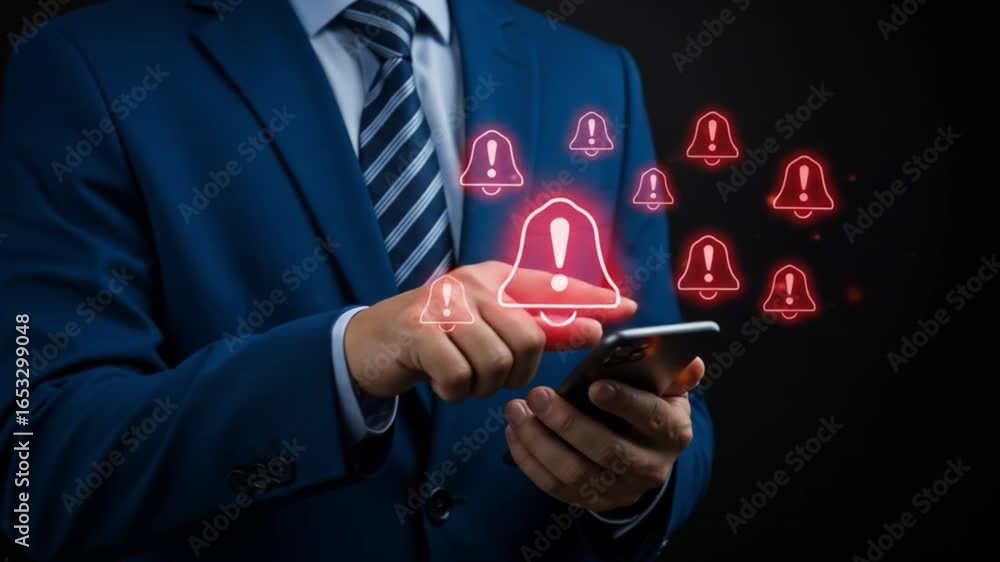 Poster man in suit using smartphone with floating red notification bell icons against black background scen